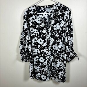 Catherine's Floral Button Down Top 1X Black and White Flowy Relaxed Office